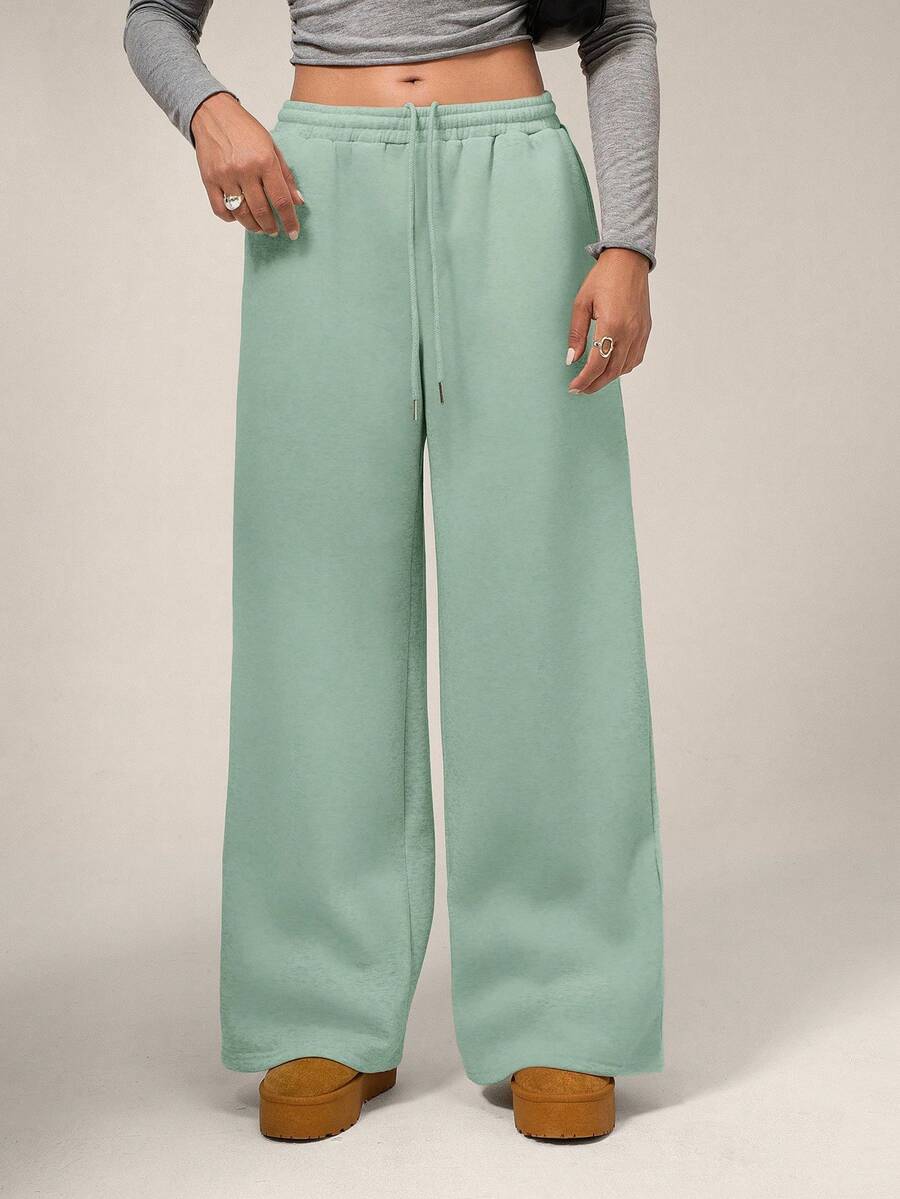 SHEIN Forever 21 秋冬新款休闲宽松高腰松紧腰阔腿运动裤加厚保暖内衬 - 薄荷綠 - 查看 1