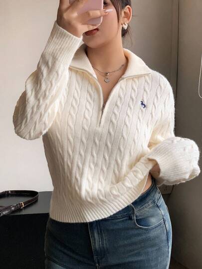 Dazy Plus Suéter holgado de manga larga con cremallera y cuello medio abierto, con patrón bordado, para primavera/otoño