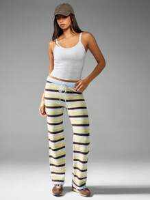 MISSGUIDED Pantalones de punto a rayas retro con cordón en la cintura, pernera ancha, estilo Y2K, pantalones informales de otoño e invierno, pantalones de estar por casa estilo vintage cómodos - Multicolor - Ver 4