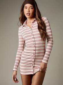 MISSGUIDED Striped Button Down Long Sleeve Mini Dress Ribbed Knit Bodycon Collared Winter Fall Holiday Party Outfit Vintage Y2K Style Casual Fashion