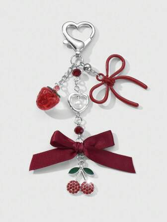 Kawaii 1 pieza Accesorio colgante en forma de corazón con cadena de plata, lazo de cinta roja de acrílico, fresa de cristal y cereza, estilo chic y versátil Y2K, adecuado para uso diario de mujeres/niñas, regalo para vacaciones