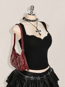 SHEIN ICON ICON 大码纯色女士休闲无袖上衣，适合夏季穿着，哥特风蕾丝边饰朋克风黑色上衣，锐舞风上衣 - 黑色 - 查看 7