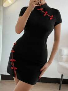 Rafferiza Vestido de mujer con cuello alto retro, unicolor, parche, botón frontal y dobladillo dividido - Negro - Ver 6