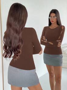 Siren Gaze 女士纯色镂空长袖休闲圆领T恤 - 咖啡棕 - 查看 3