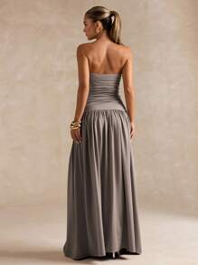 SHEIN BAE 女士优雅纯色连衣裙，秋季褶皱抹胸简约极简主义长裙连衣裙，老钱风格，办公室性感连衣裙，女士秋季连衣裙，商务休闲女士，婚礼宾客，飘逸连衣裙，露肩连衣裙 - 灰色 - 查看 2