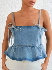 EURMUSE WOMEN RIBBON STRAPPY SHIRRED DENIM TOP - Light Wash - View 3