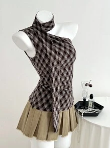 Elamini 休闲复古钻石设计挂脖背心 - 咖啡棕 - 查看 1