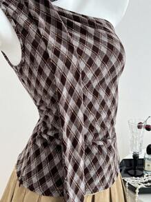 Elamini 休闲复古钻石设计挂脖背心 - 咖啡棕 - 查看 4