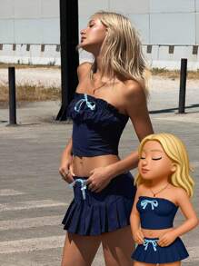 SHEIN ICON 2 件套女士海军蓝外出蝴蝶结装饰褶饰短款抹胸上衣和低腰迷你裙套装