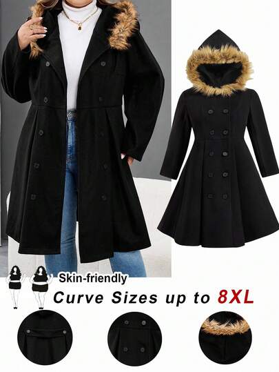 SHEIN CURVE+ Giacca in maglia con lana e pelliccia sintetica, con cappuccio e doppio petto, per donne taglie forti, adatta per l'autunno e l'inverno