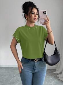 Elenzga Women's Black Round Neck Short Sleeve T-Shirt With Bubble Pearls - Green - View 6
