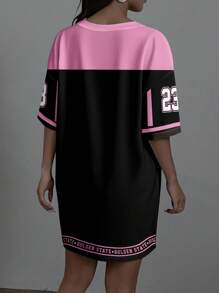 SHEIN EZwear 黑色和粉色对比色 23 图案 V 领网眼迷你连衣裙，适合夏季 - 彩色 - 查看 2