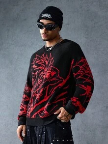 ROMWE MEN Anime 男士动漫人物提花针织宽松长袖毛衣，秋冬，垃圾摇滚风格 - 黑色 - 查看 7