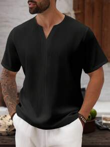 Manfinity Homme Camisa casual de manga corta con cuello en V de unicolor para hombres de talla grande - Negro - Ver 3