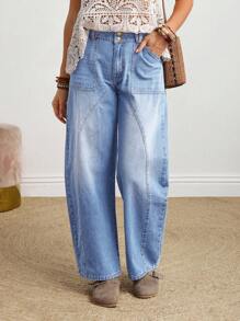 EMERY ROSE 女式纽扣前口袋宽松直筒牛仔裤 - 淺色水洗藍 - 查看 4