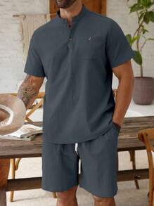 ResortEase Plus Size Men's Solid Color Round Neck Short Sleeve Shirt And Shorts Set
