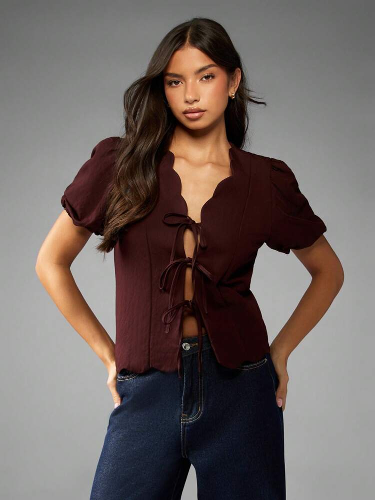 MISSGUIDED Scalloped Edge Tie Front Blouse Short Puff Sleeve Victorian Style Top Boho Fall Winter Square Neck Casual Daytime Evening Wear