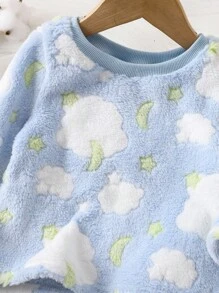 SHEIN Conjunto de pijama de 2 piezas para bebé niño con parte superior de manga larga con cuello de equipo y estampado de oso lindo, y pantalones suaves de felpa de coral para otoño/invierno