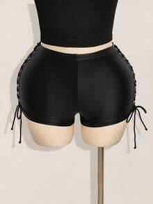 SHEIN ICON Shorts mini sexy negro de talle bajo con lazo lateral, adecuado para fiestas y reuniones, talla grande Y2K