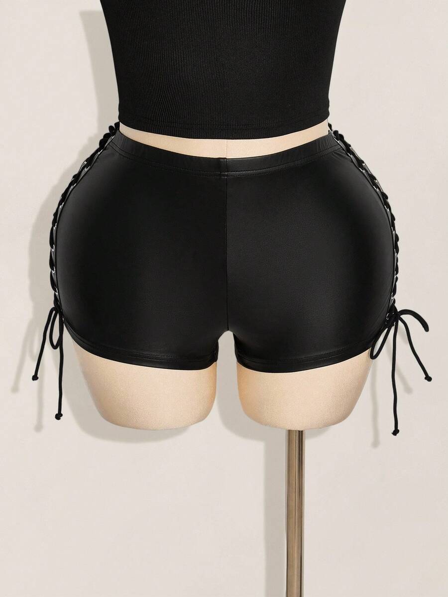 SHEIN ICON Shorts mini sexy negro de talle bajo con lazo lateral, adecuado para fiestas y reuniones, talla grande Y2K