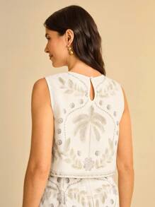 CAJUNI 女式杏色印花圆领无袖宽松短款印花衬衫，适合度假、约会、派对、夏季海滩