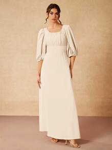 Gabriela Silveira 纯色方领泡泡袖短袖垂坠优雅长裙 - 白色 - 查看 6