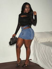 Slaydiva Women's Sexy Hollow Out Fitted Mini Denim Skirt, Summer - Medium Wash - View 6