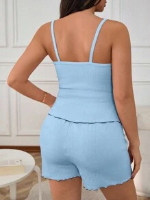 EURMUSE 2Pcs Cotton Lace Trim Cami Top&Shorts With Lace Detail Homewear Set - Blue - View 2