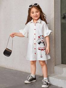 SHEIN 少女人物圖形荷葉袖襯衫裙