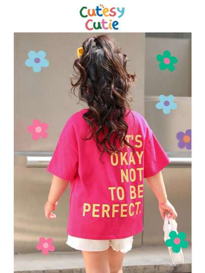 SHEIN Young Girl Urban Casual Contrast Color Letter Print Round Neck Short Sleeve Loose Dropped Shoulder Knit T-Shirt