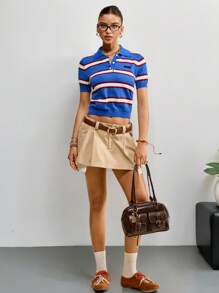 Muvela Áo thun polo sọc xanh đỏ giản dị mùa hè dành cho nữ, Áo thun tay ngắn cài nút, trang phục mùa hè dành cho nữ - Nhiều màu - Xem 3