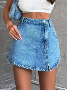 EURMUSE 100%Cotton Rigid, Slit Detailed Skort Fit - Medium Wash - View 6