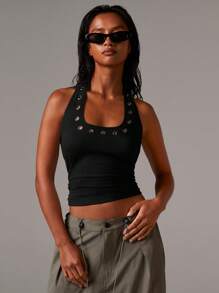 Athîral Women's Halterneck Stud Hardwear Eyelet Jersey Top - Black - View 3