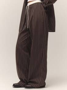 MUSERA Quần ống rộng kẻ sọc màu kem dáng thoải mái, cạp chun, chỉ có dây rút, phong cách cổ điển, dễ thương, đồng quê, nhà tranh, thường ngày cho nữ sinh, màu caramel, mùa hè. - Nhiều màu - Xem 3