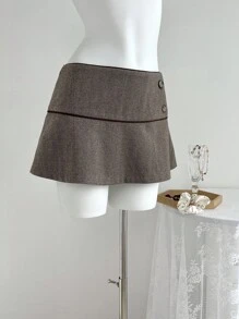 Elamini Rok Midi Fashion Wanita Gaya Vintage Pinggang Rendah dengan Desain Kancing - Coffee Brown - View 5