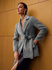 MOTF PREMIUM 羊毛斜口袋系腰带大衣 - 淺灰色 - 查看 9
