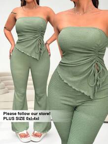 Solflare Bộ 2 món: Áo Bandeau màu cà phê và quần ống loe, cỡ lớn, quần áo xuân hè - xanh quân đội - Xem 1