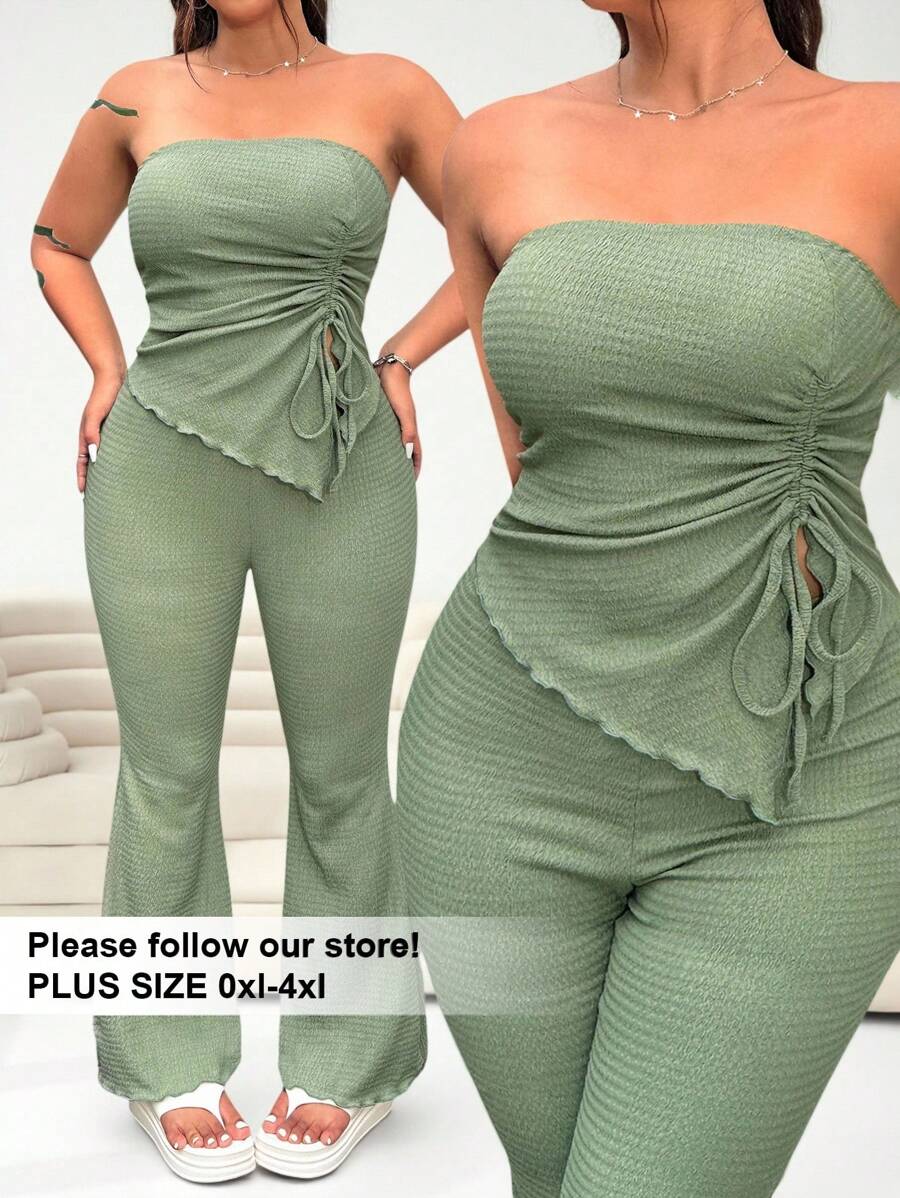 Solflare Bộ 2 món: Áo Bandeau màu cà phê và quần ống loe, cỡ lớn, quần áo xuân hè - xanh quân đội - Xem 1