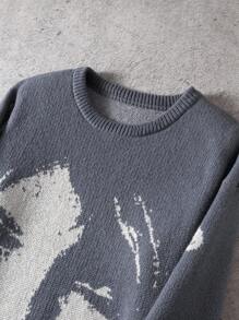 Manfinity EMRG 男士休闲印花圆领长袖毛衣男士针织毛衣肖像毛衣男士图案毛衣垃圾摇滚毛衣复古图案毛衣，秋冬 - 灰色 - 查看 3