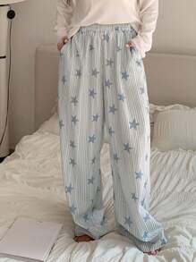 Dazy Plus 加大码弹力腰带条纹星形印花宽松直筒睡裤，适合秋冬季节，舒适保暖 - 白色 - 查看 3