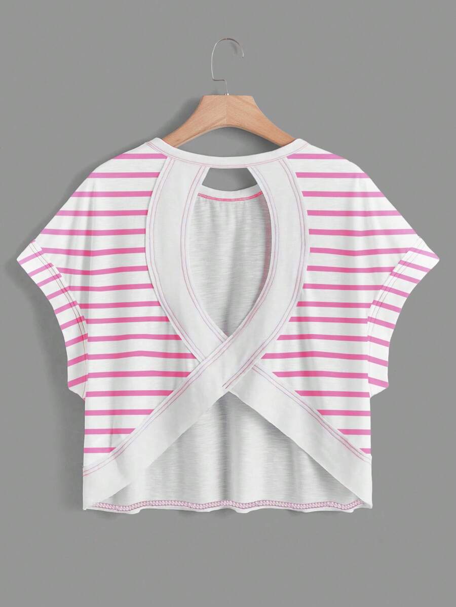 SHEIN Essnce Áo thun nữ cổ tròn hở lưng, viền bất đối xứng, màu hồng và trắng tương phản, thoải mái, không tay, thích hợp cho mùa hè - Nhiều màu - Xem 1