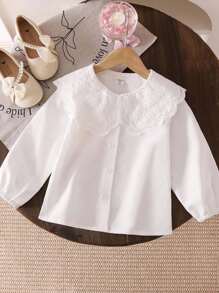 Genkimix Kids 全新年轻女孩时尚甜美蕾丝领白色长袖衬衫，百搭婴儿汗衫 - 白色 - 查看 1