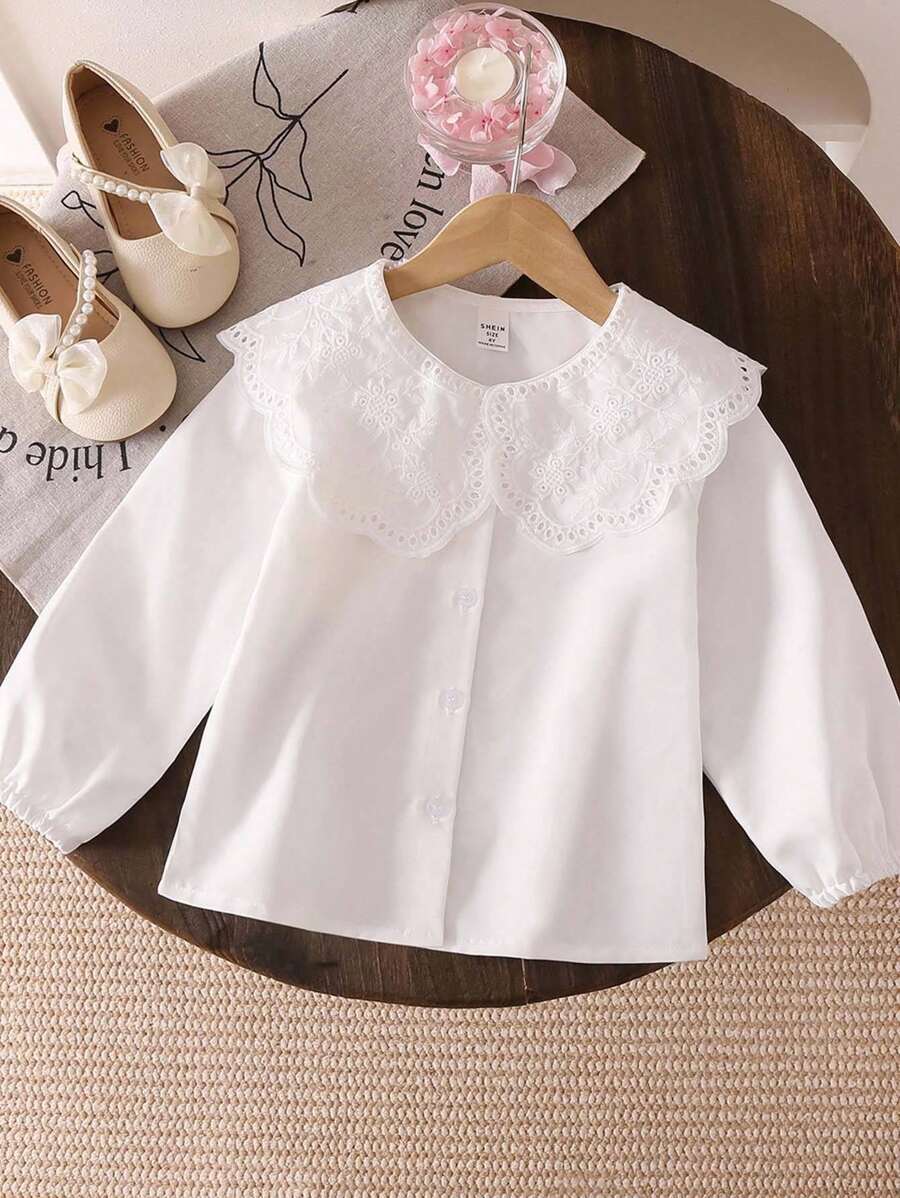 Genkimix Kids 全新年轻女孩时尚甜美蕾丝领白色长袖衬衫，百搭婴儿汗衫 - 白色 - 查看 1