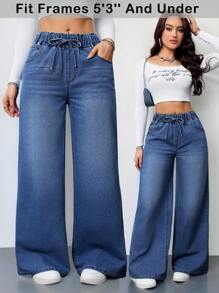 SHEIN PETITE Women's Blue Jeans Summer Wide-Leg Pants Comfortable Elastic Waist With Pockets Summer Casual Wear - Dark Wash - View 1