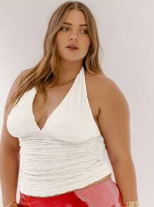 Aralina Curve Plus Size Ruched Halter Neck Slim Fit Backless Tie Up Going Out Top - White - View 5