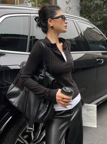 DAZY 女士纯色简约休闲连帽长袖T恤 - 黑色 - 查看 3