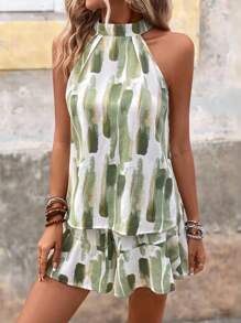 SHEIN VCAY Spring Brush Print Halter Top & Ruffle Hem Shorts