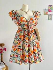 Soleia Colorful Printed Fabric Flutter Sleeve Cap Sleeve Bowknot Front A-Line Dress, Vacation Style, Spring/Summer - Multicolor - View 5