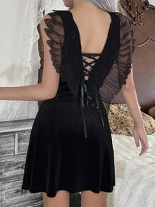 INAWLY 哥特式黑色性感细肩带连衣裙，女式洛丽塔街头天鹅绒绷带翼裙，优雅 A 字型派对礼服 - 黑色 - 查看 2