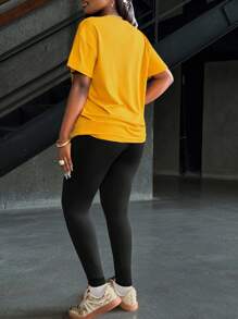 SHEIN Women's Letter Printed Round Neck T-Shirt And Leggings Set - Yellow - View 2